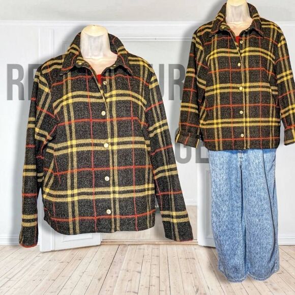 VINTAGE Lemon Grass Wool Blend Plaid Oversized Shacket Flannel Jacket, XL - Picture 1 of 5